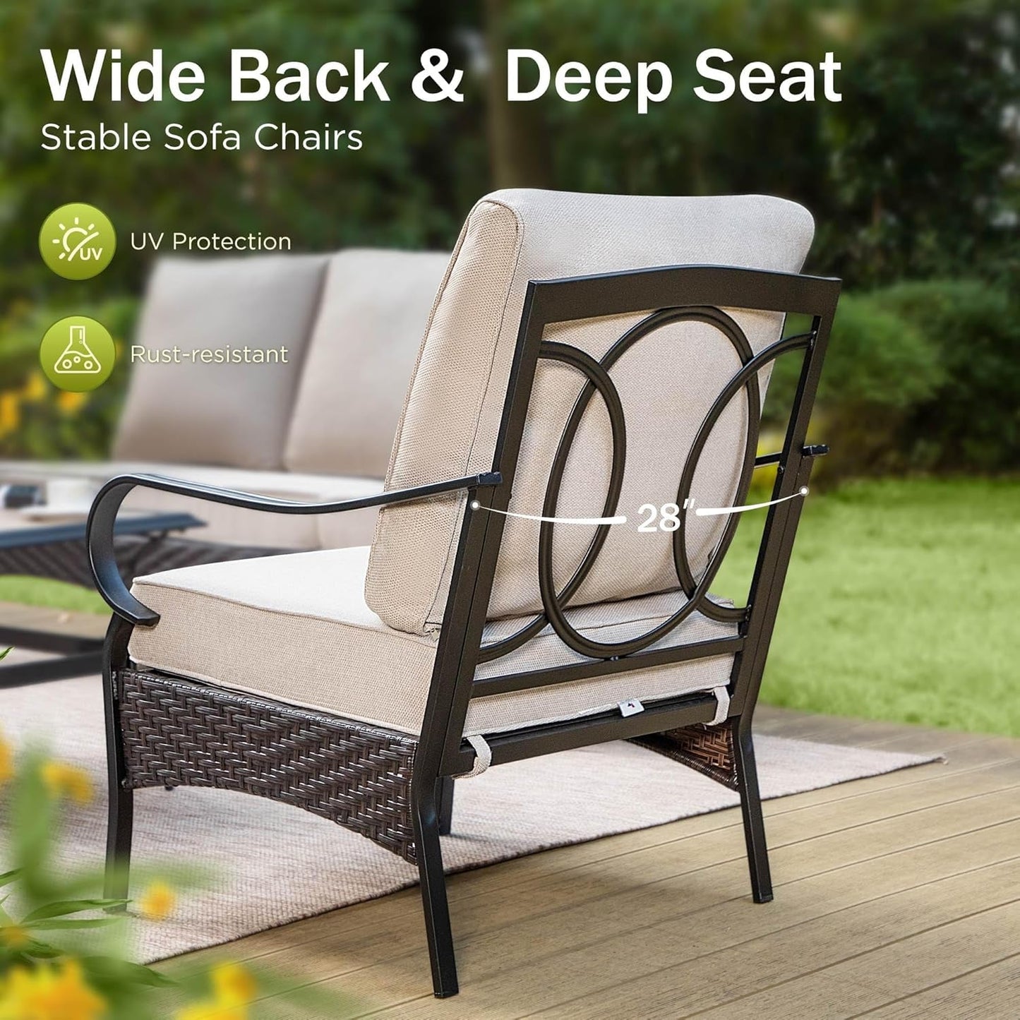 Outdoor Modern Patio Furniture Set, Upgraded Wicker&Metal Patio Furniture Conversation Set with Waterproof Thick Cushions for Porch, Poolside, Deck, and Yard (4 Pieces,Beige)-1