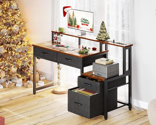 48-Inch Computer Desk with Fabric File Cabinet and Fabric Drawers, Reversible Office Desk with LED Strip and Power Strip, Gaming Desk with Monitor Riser, Writing/Study Table for Home, Vintage-1