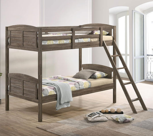 Flynn Farmhouse Wood Twin over Twin Size Bunk Bed Frame with Ladder and Guardrails Fully Slatted Mattress Ready Foundation Weathered Brown 400808-1