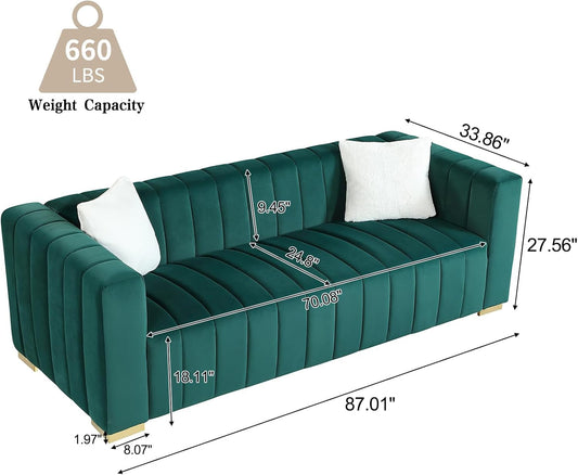 Velvet 3 Seater Sofa Couch with 2 Pillows, Channel Tufted, Square Arms & Gold Metal Legs for Living Room Apartment Office, 87.01”W (Green)-1
