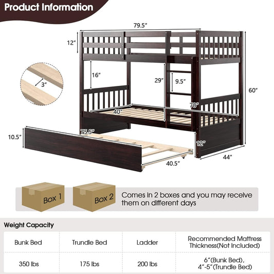 Twin over Twin Bunk Bed with Trundle, Convertible Platform Bed Frame with Ladder & Solid Wood Frame, Space-Saving Bunk Bed for Teens & Adults, No Box Spring Needed, Espresso-1