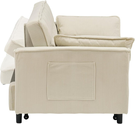 3 in 1 Convertible Sleeper Sofa Bed, Futon Couches for Living Room with Side Pocket | Adjustable Backrest| Corduroy Fabric | Pull Out Couch | Recliner Loveseat | Sectional Sofa, Creamywhite-1