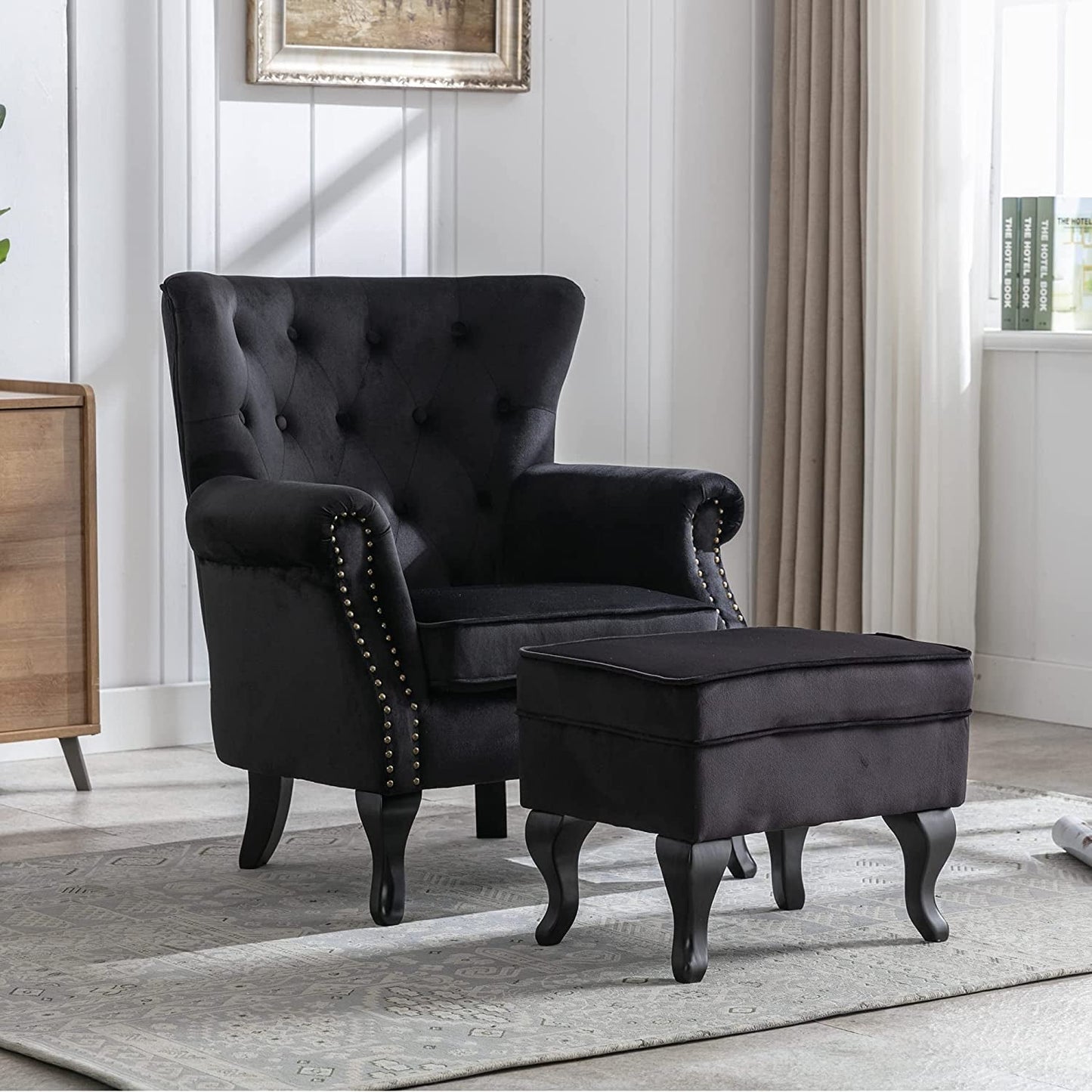 Black Velvet Wingback Chair with Ottoman Set-3