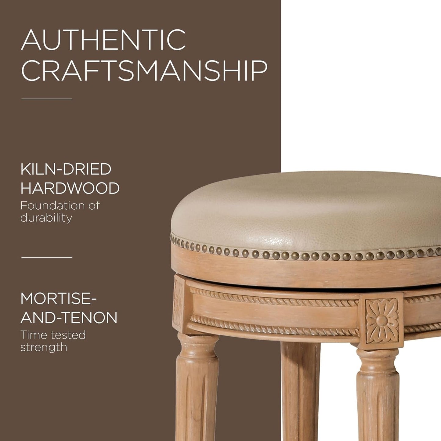 Pullman 31 Inch Tall Bar Height Upholstered Backless Barstool in Weathered Oak Finish with Avanti Brown Vegan Leather Cushion Seat-4