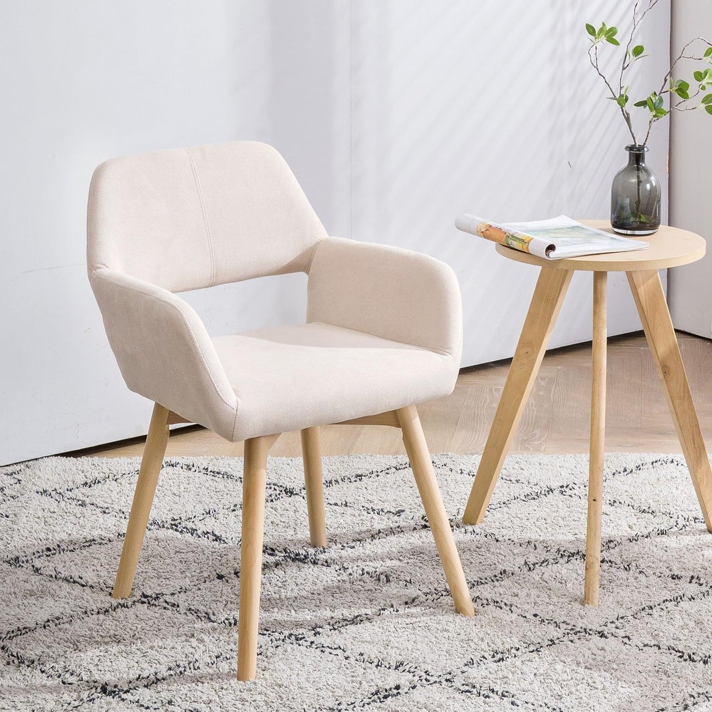 Desk Chair No Wheels Vanity Chair Makeup Chair Comfy Accent Chair for Living Dining Room Bedroom Home Office Mid Century Modern Upholstered Arm Chair Sofa Chair (Beige, 1)-2