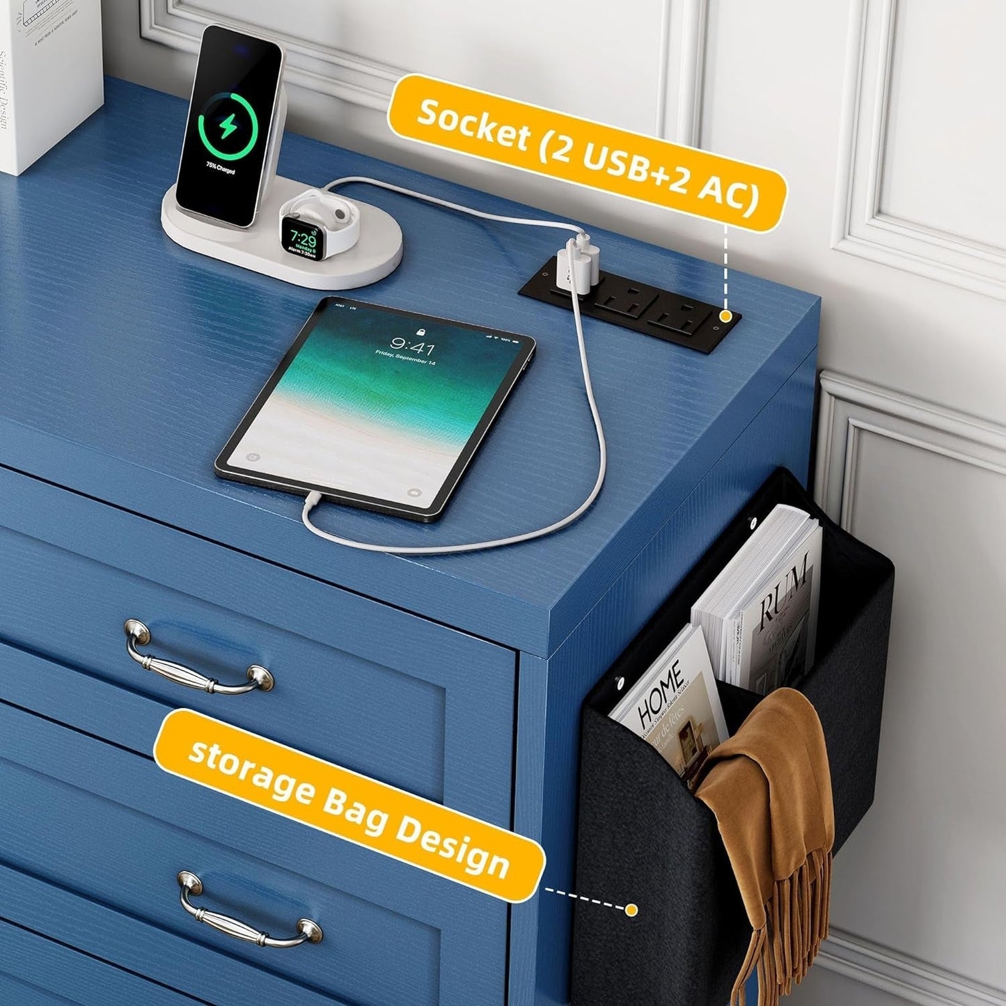 Drawers TV Stand for 65 Inches with Power Outlets -Chest of Drawers Dresser with Side Organizer Bag Entertainment Center TV Console, Blue-4