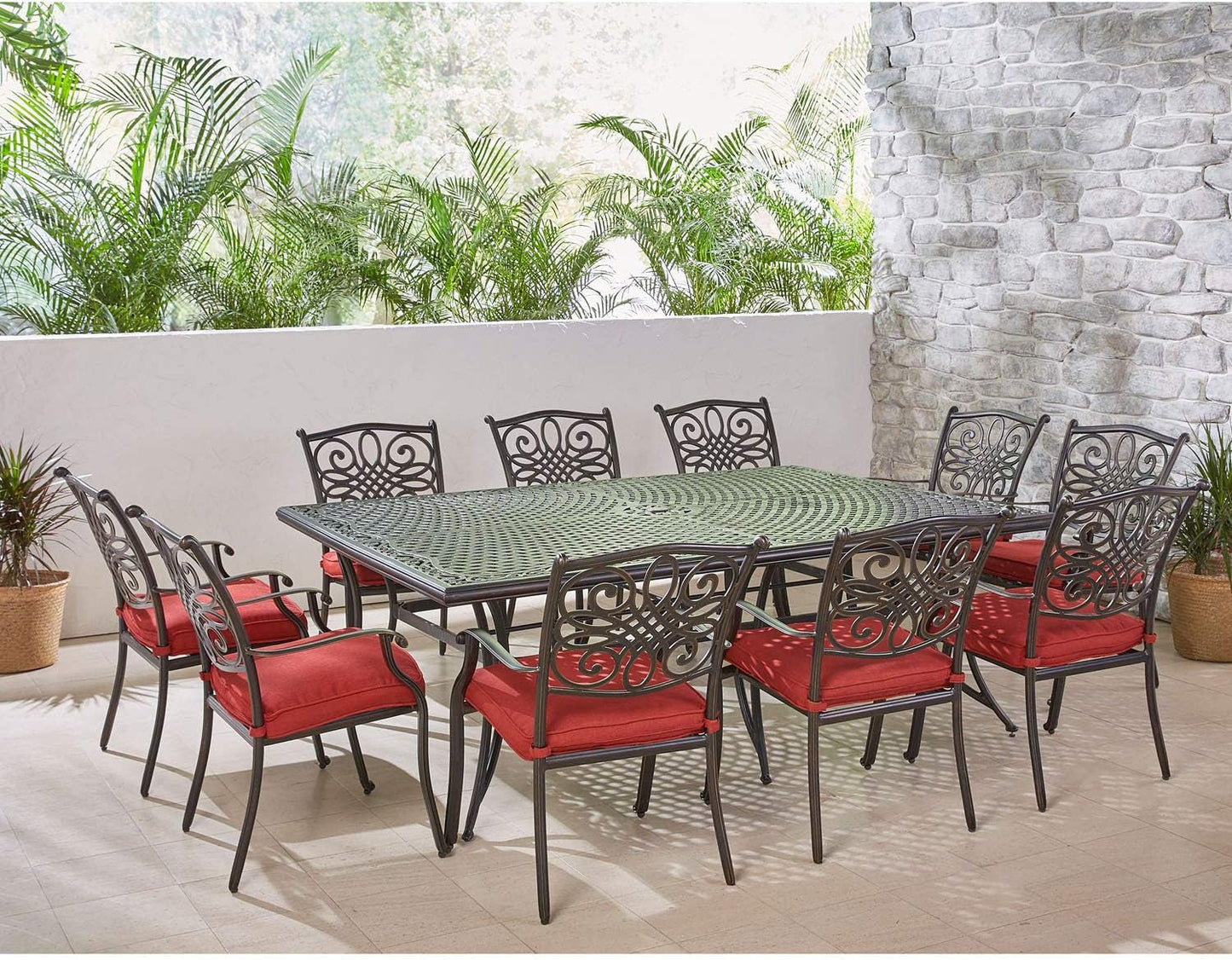 Traditions 11-Piece Patio Dining Set with 10 Stationary Chairs, Plush Red Cushions, and Extra Large Dining Table, Patio Dining Set for 10, All-Weather Rust-Resistant Luxury Outdoor Dining Set-2