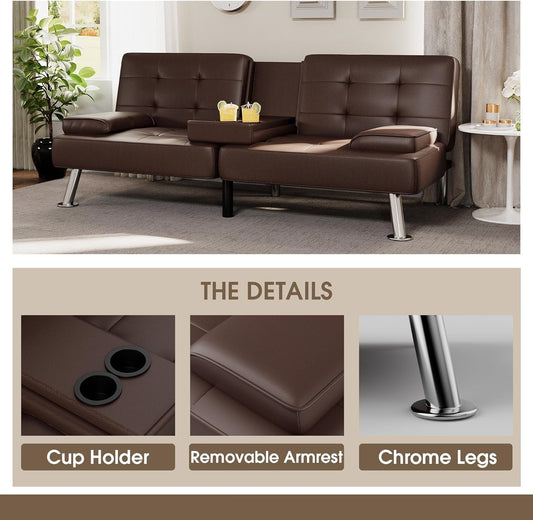 Futon Sofa Bed Modern Folding Futon Set Convertible Recliner Lounge for Living Room with 2 Cup Holders, Removable Armrests (PU Leather, Brown)-1