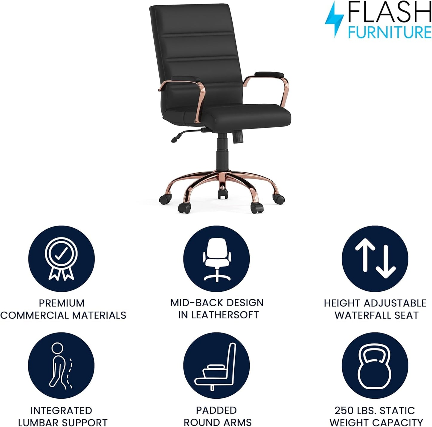 Whitney Mid-Back Swivel Leathersoft Desk Chair with Padded Seat and Armrests, Adjustable Height Padded Leathersoft Office Chair, Black/Rose Gold-3