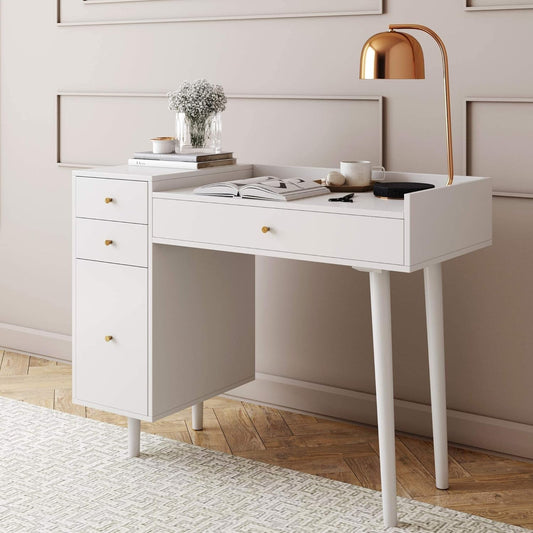 Daisy Vanity Dressing Table or Makeup Desk with 4-Drawers and Brass Accent Knobs, White Wood-1