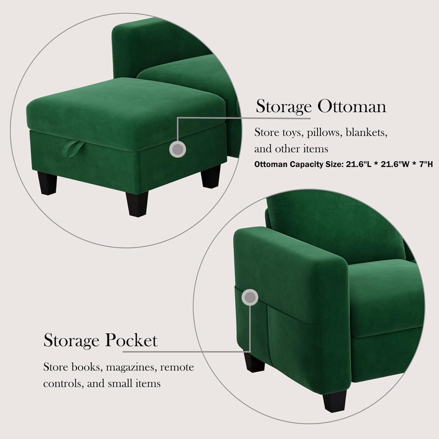 Sectional L-Shaped Sofa Couch, 78'' Modern Linen 3 Seat Couch with Storage Ottoman, Convertible Sectionals Sofas Chaise, Small Space Couches for Living Room, Bedroom, Apartment and Office (Green)-4