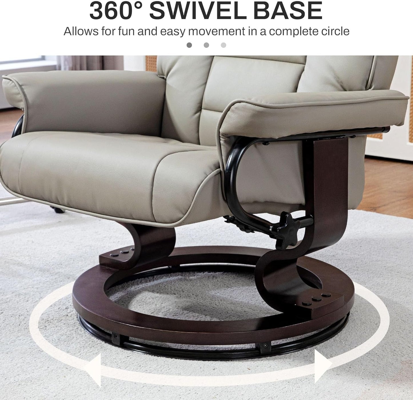 Faux Leather Reclining Chair, Swivel Ottoman Chair, Recliner with Ottoman with High Back and Wood Frame for Living Room, Gray-4