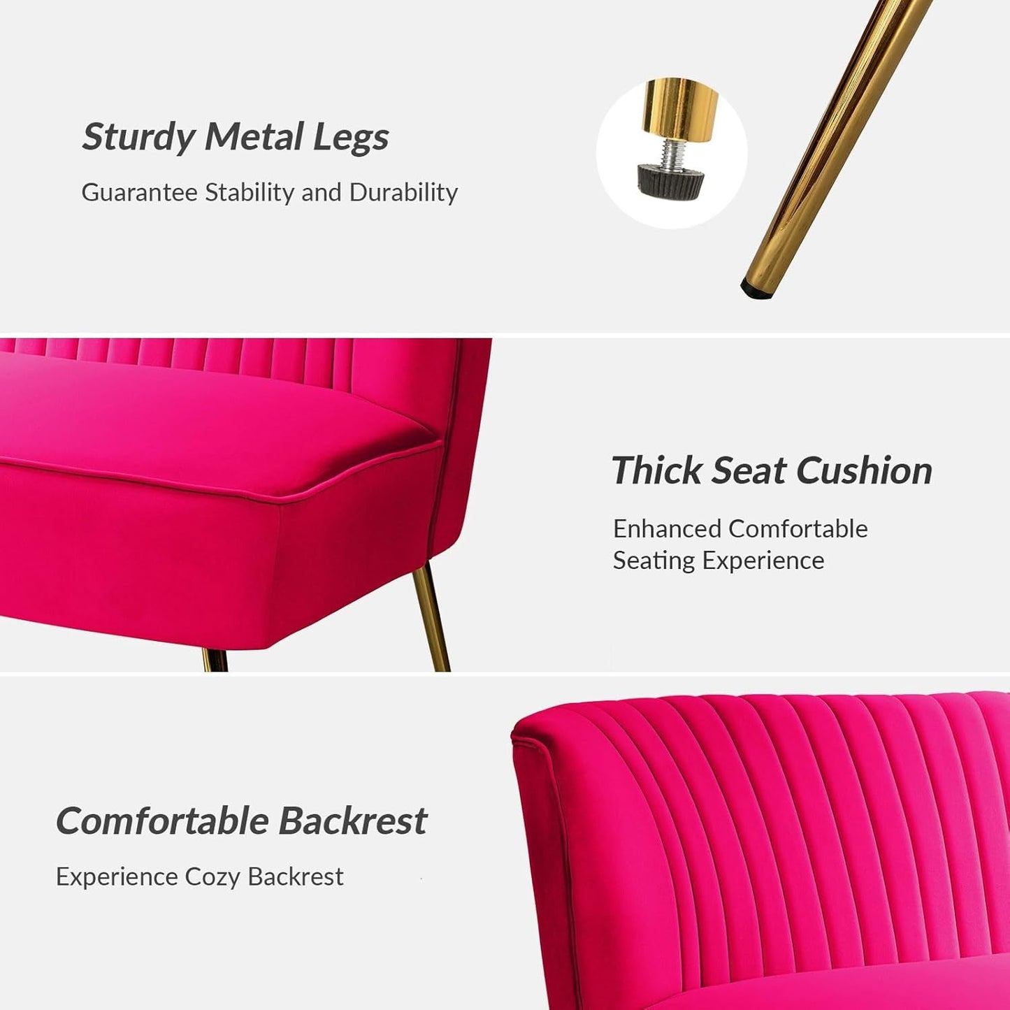 3 Piece Velvet Living Room Furniture Set, Modern Comfy Upholstered Chair Set with Golden Legs, Include Loveseat & 2 Accent Chairs for Bedroom, FUCHSIA Tufted 2-Seater Sofa & Armless Chairs-4