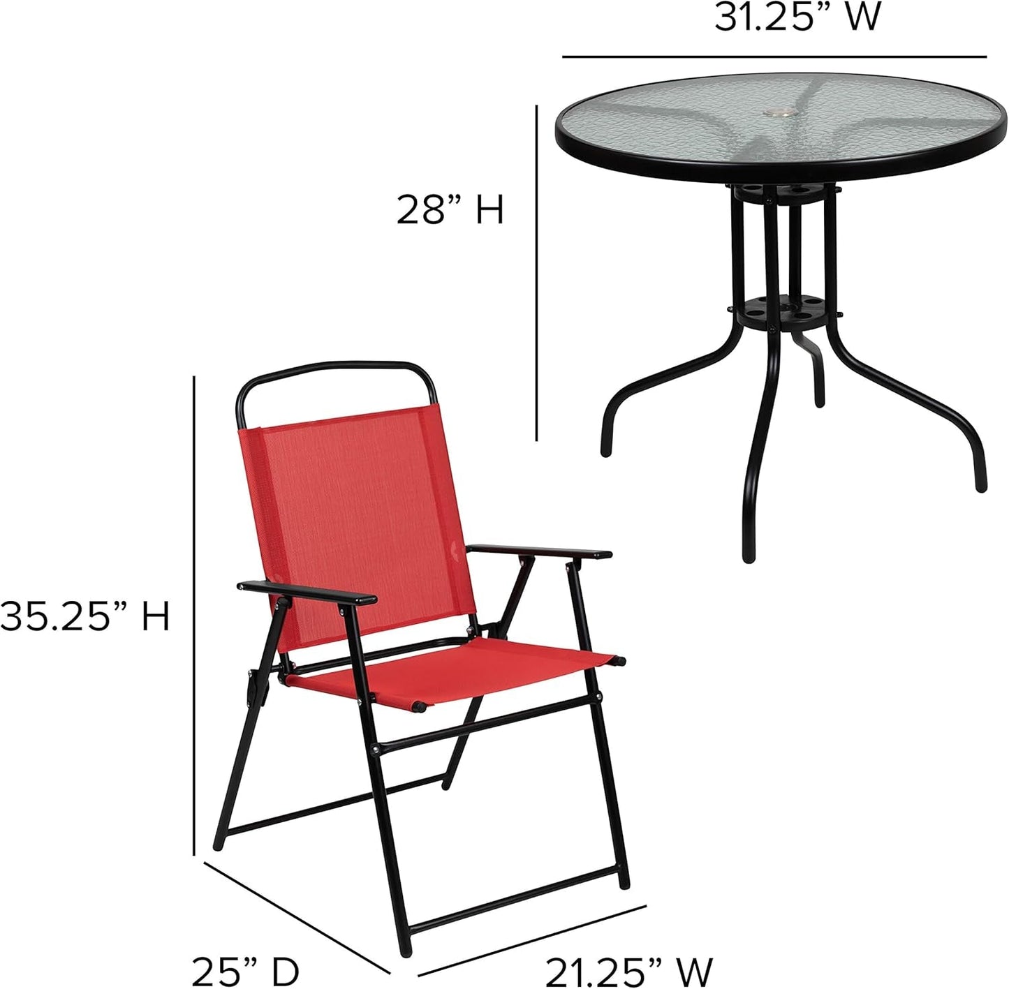 Nantucket 6 Piece Red Patio Garden Set with Table, Umbrella and 4 Folding Chairs-3