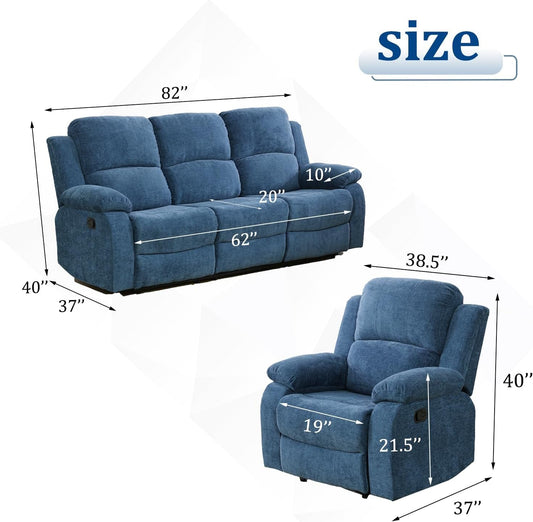 Recliner Sofa Set Living Room Furniture, Microfiber Fabric Reclining Sofa Set, Recliner Couch Set with Cup Holders for Office Home (Sofa and Chair Set, Blue)-1