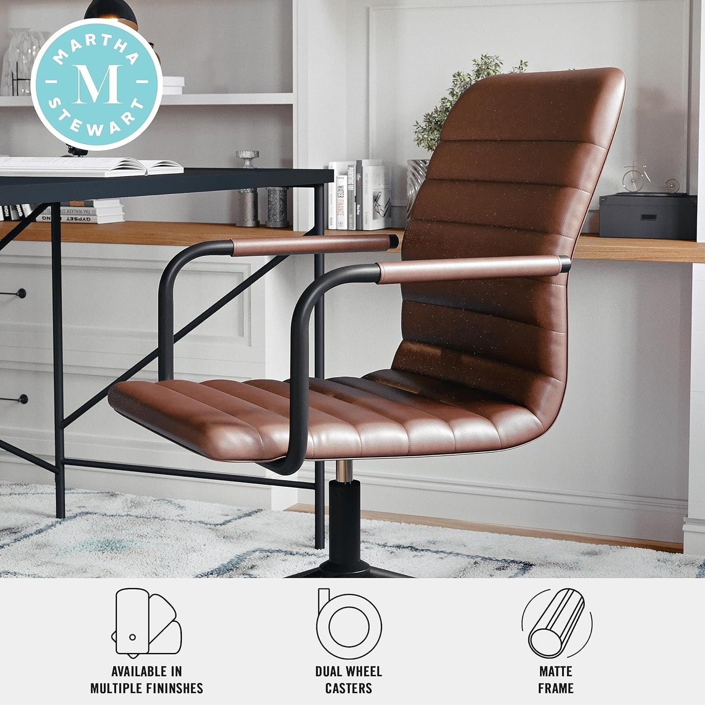 Taytum Swivel Task Chair with Armrests for Home Office in Saddle Brown Faux Leather with Oil Rubbed Bronze Frame-4