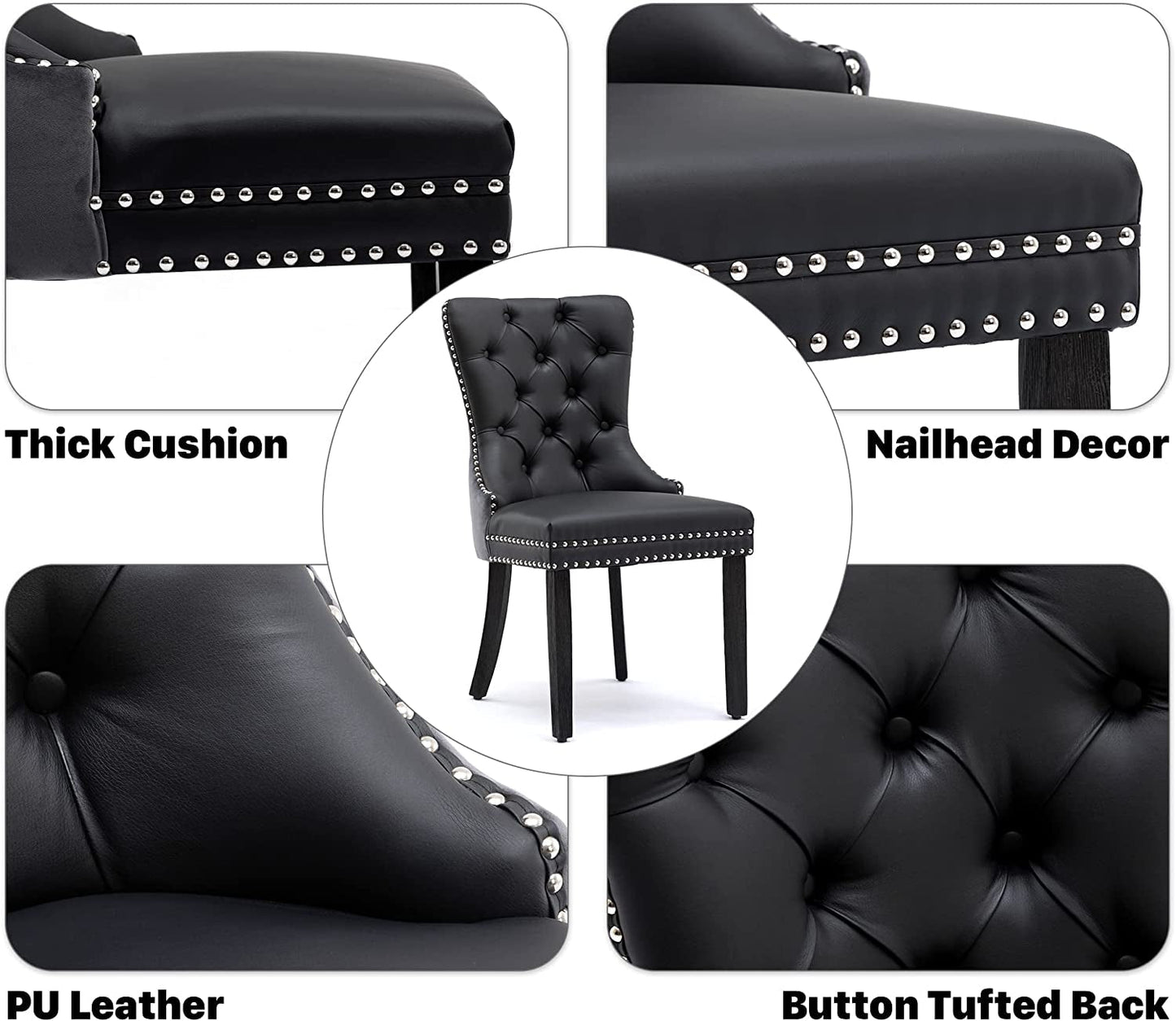 Black and Dark Grey Velvet Dining Chairs Set of 6 with Nailhead Trim and Pull Ring-4