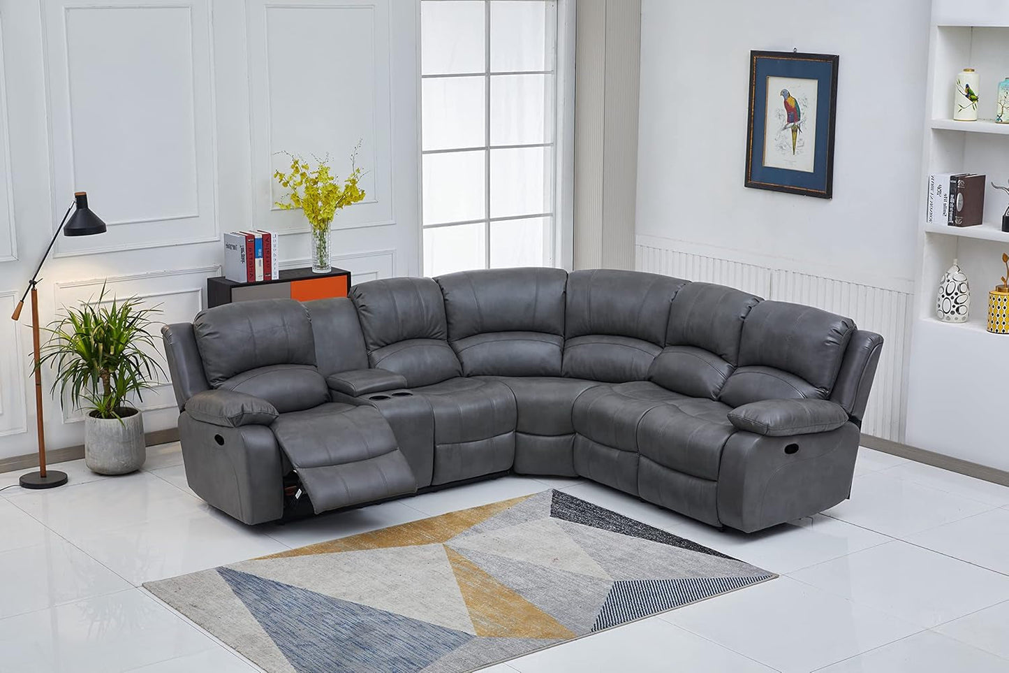 Bonded Leather Sectional Sofa 3 Recliners, Grey-4