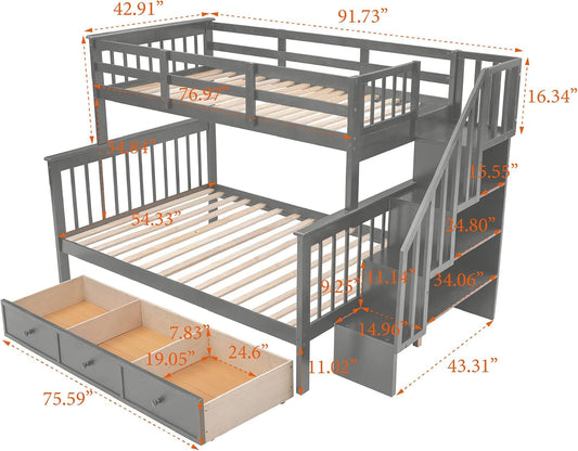 Twin over Full Bunk Bed with Stairs, Solid Wood Stairway Bunk Bed with Storage Drawers for Kids Teens Adults, Bedroom, Dorm - Gray-1