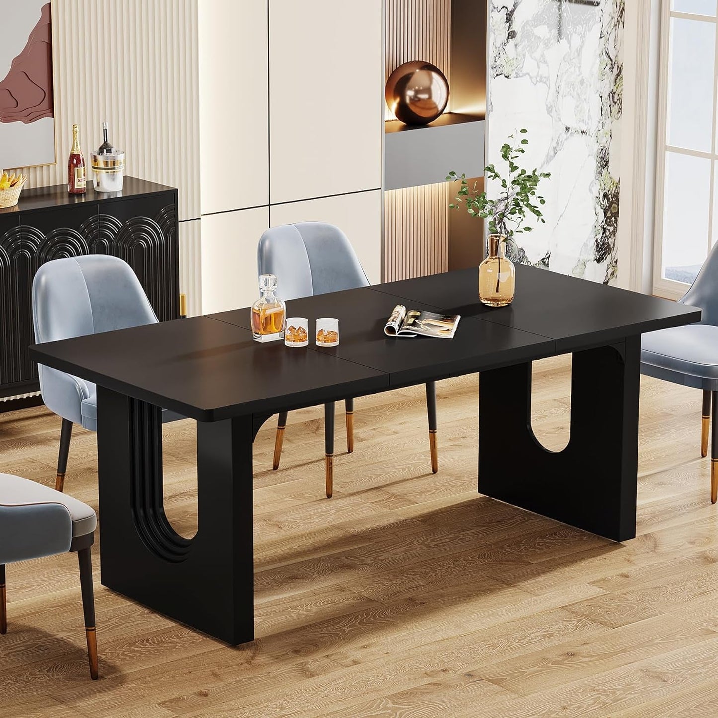 Modern Dining Table for 6 People, 71" Large Kitchen Dining Table with Wood Pedestal Base, Rectangular Long Dinner Table for Kitchen, Dining Room, Living Room, Black-0