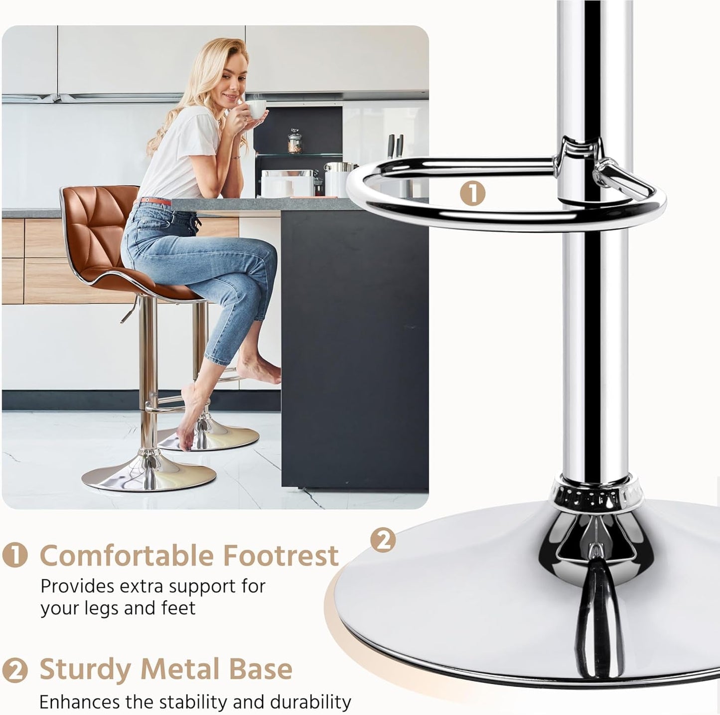 Bar Stools Set of 2, PU Leather Swivel Bar Stools with Shell Back, Armless Counter Height Adjustable Bar Chairs for Home Kitchen, Retro Brown-4