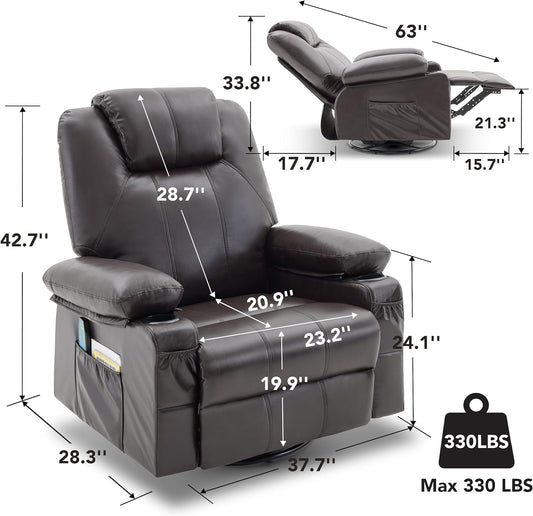 Oversized Swivel Rocker Recliner Chair with Heat and Massage, 360 Degree Swivel Rocking Single Sofa with Cup Holders and USB Port, Big Large Recliner Chair for Living Room (Leather, Brown)-1