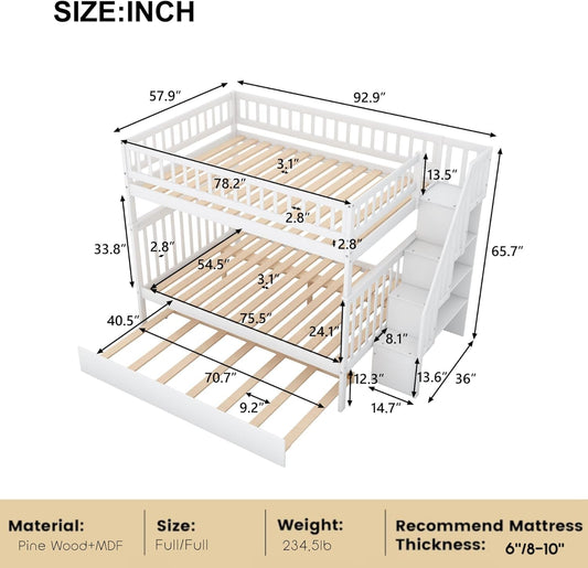 Full over Full Bunk Beds with Trundle and Stairs Stairway Bunk Bed Frame with Storage Shelves for Kids Teens Adult, Detachable Wood Full Bunk Bed for Boys Girls Adults, White-1