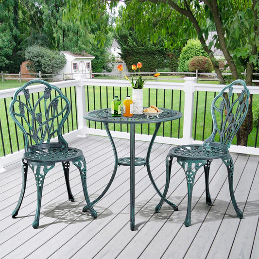 Patio Bistro Sets 3 Piece Cast Aluminum Bistro Table and Chairs Set, Cast Aluminum Bistro Table and Chairs Set of 2 with Umbrella Hole for Patio Backyard Balcony, Green-1