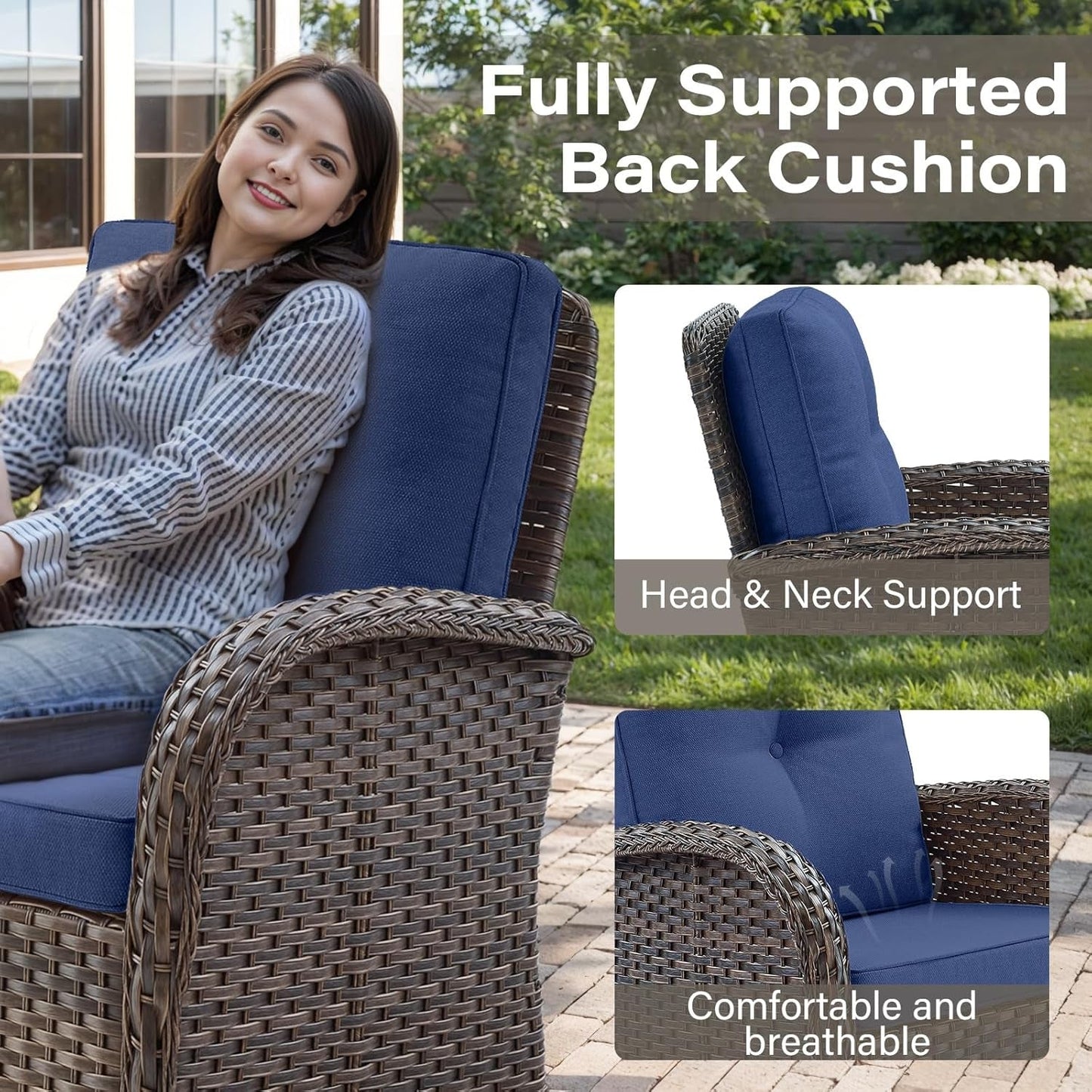 Patio Wicker Chairs Swivel Rocker Outdoor Swivel Rocking Chairs Set of 2 with Rattan Side Table Swivel Glider Chair 3 Piece Patio Furniture Sets for Patio Porch Pool Brown/Blue, (A085-1)-3