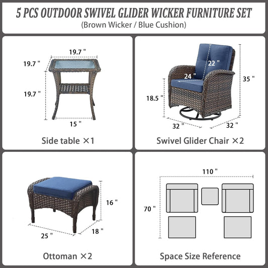 Small Conversation Sets Patio Funiture - 5 Piece Outdoor Swivel Rocker Wicker Furniture Sets with Ottomans Side Table Perfect for Patio Deck Backyard, Brown Wicker Blue Cushion-1