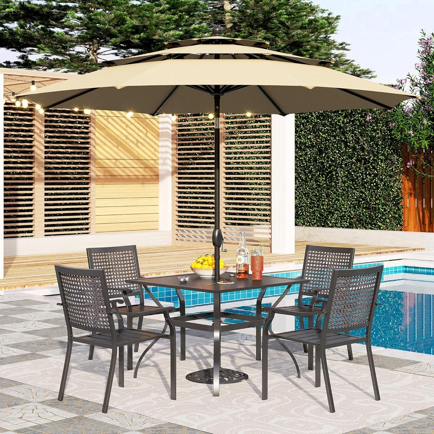 5 Pieces Outdoor Meal Dining Set for 4, Square Wrought Iron Table & Stackable Dining Chairs, Heavy-Duty Dining Furniture Set for Patio, Deck, Backyard, Porch-4