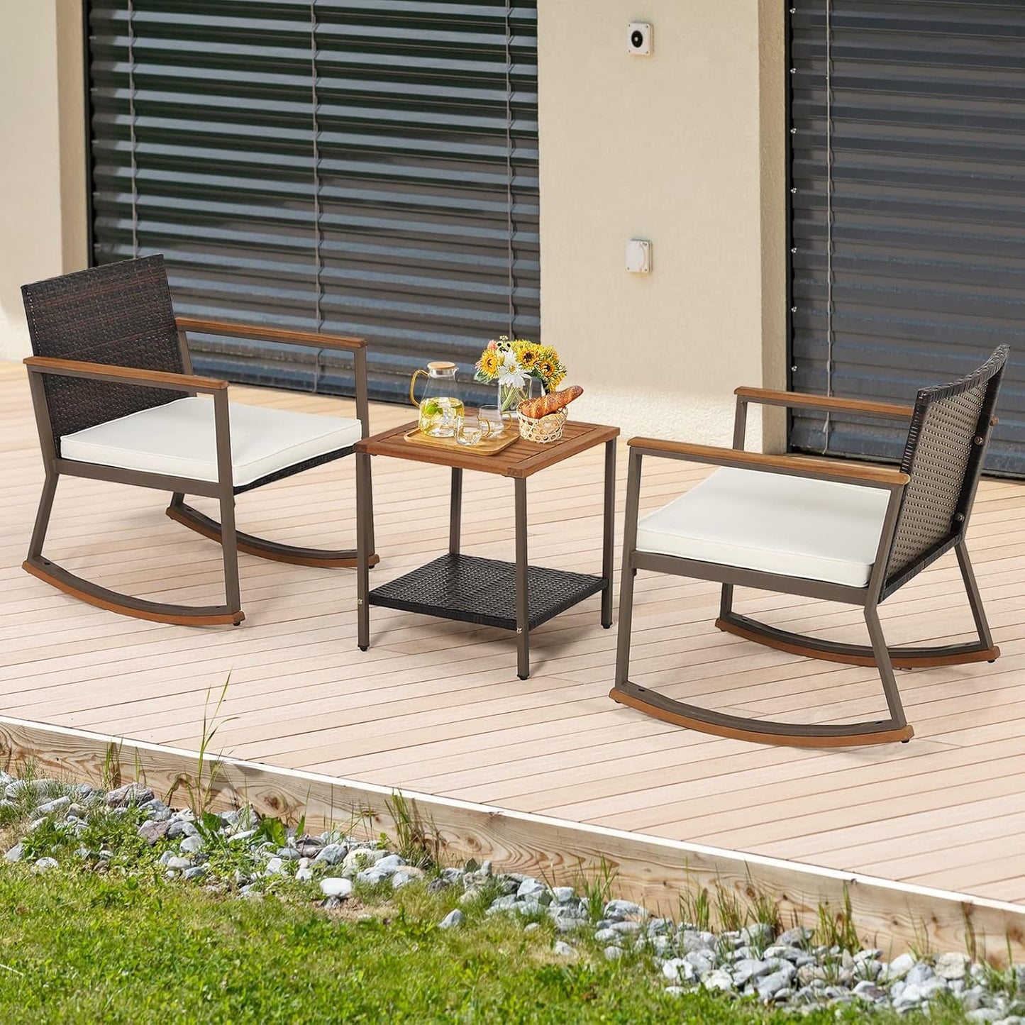 3 Pieces Rocking Bistro Set, Outdoor Rocker Chair with Coffee Table & Cushions, Patio Rattan Furniture Conversation Set for Balcony Porch Poolside (Off White)-3