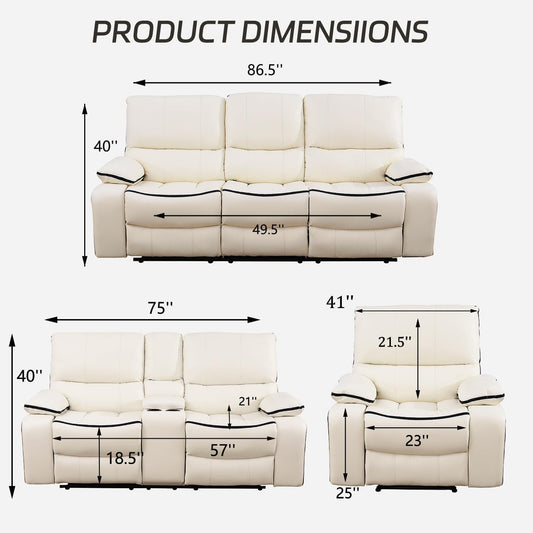 Leather Recliner Sofa Set, Bonded Leather Couch Set,Manual Couch Set for Living Room, Living Room Furniture Set with Storage Console for Living Room Office Home (Creamy White, Sofa+Loveseat+Chair)-1
