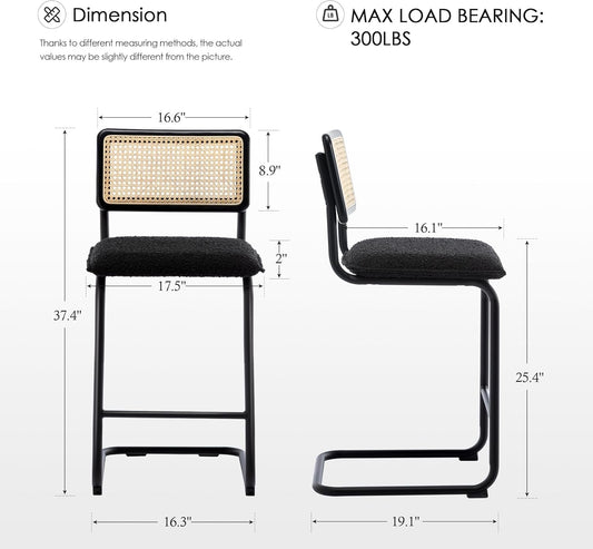 Boucle Bar Stools Counter Height Set of 4, 26'' Rattan Barstools with Wooden Back & Natural Cane Mesh, Mid Century Cantilevered Design Counter Stools for Kitchen Island, Chrome Base-1