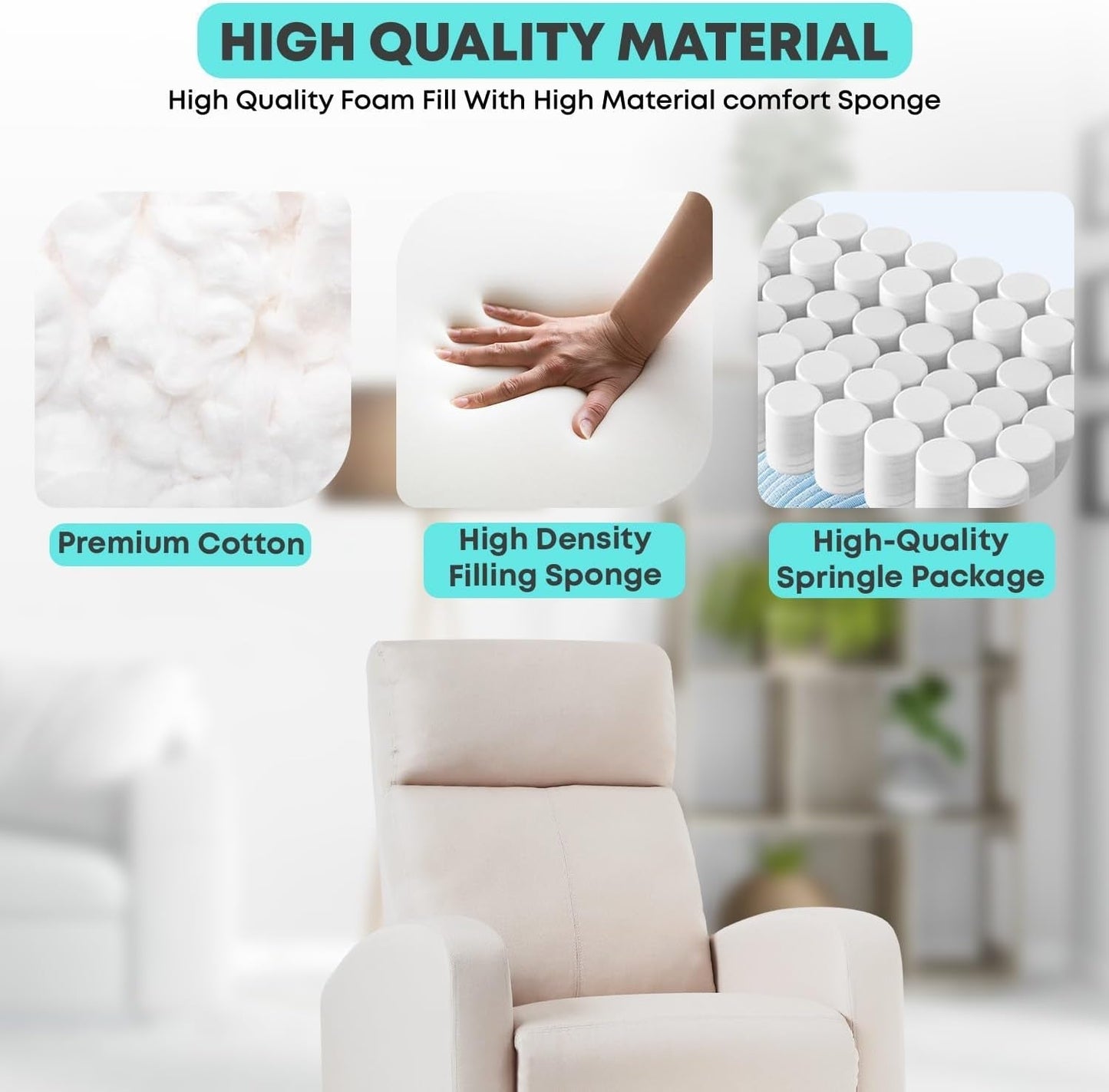 Recliner Chair Home Theater Seating Reclining Sofa Push Back Recliner with Lumbar Support and Fabric Padded Seat Backrest for Living Room (Fabric Beige)-4