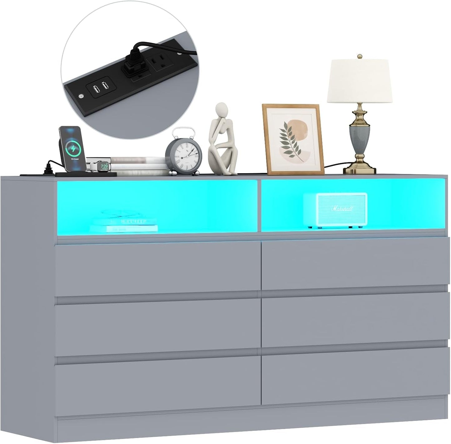 6-Drawer LED Dresser, Charging Station, Bedroom/Living Room-3