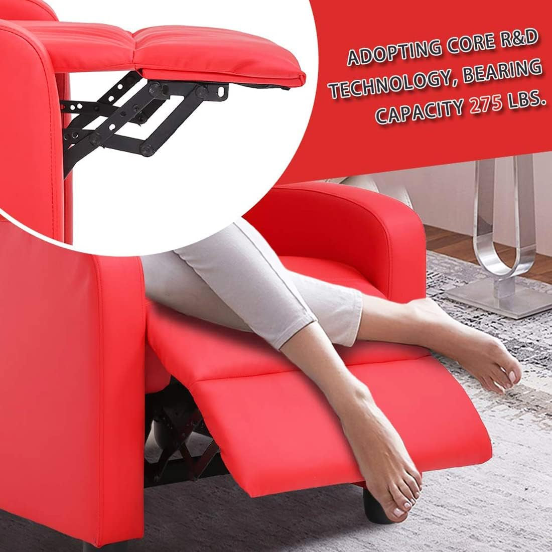 Massage Recliner, Lazy Boy Recliner with PU Leather Padded Seat Backrest Recliner Chair for Living Room Sofa Reading Chair, Home Theater Seating Modern Reclining Chair Easy Lounge, Red-4