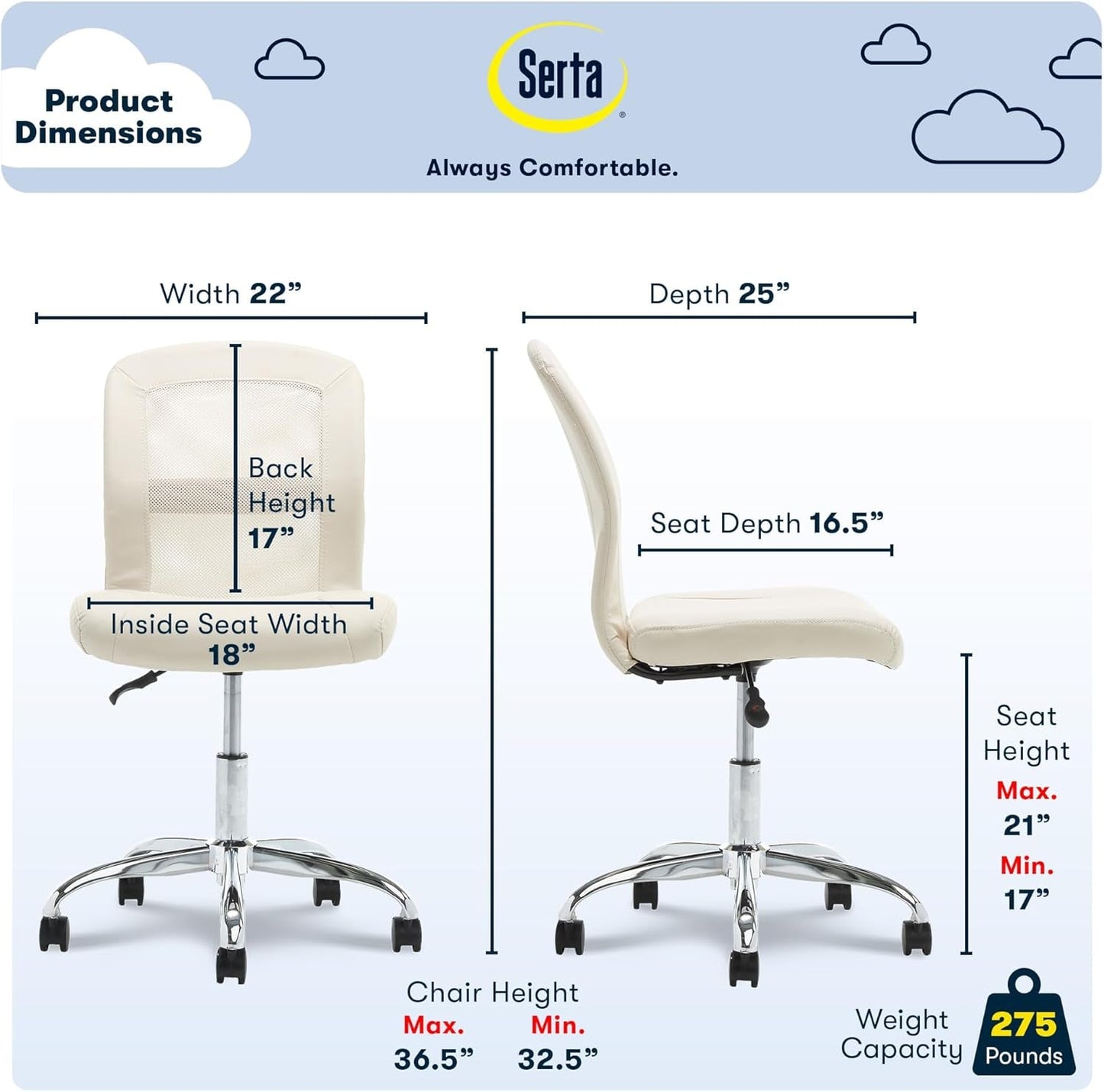 Essential Armless Deskchair, Small Task Chair with Wheels, Breathable Mesh Back, quality Foam Cushion Seat for Comfort, Functional, Lightweight and Versatile, Cream White-2