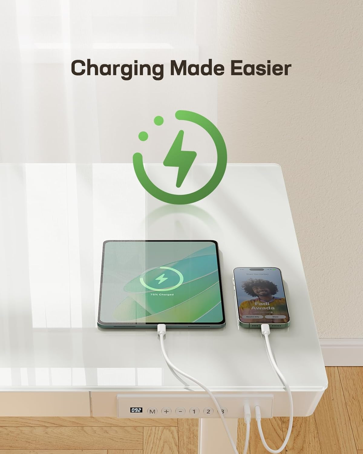 Glass Standing Desk with Drawer, 48 X 24 Inch Electric Standing Desk, Height Adjustable Desk with One-Piece Tabletop & USB Charging Ports, Sit Stand Desk with Storage for Home & Office White-4