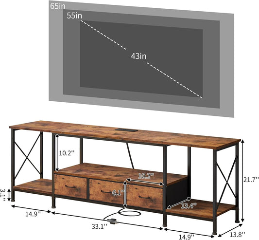 TV Stand for 65 60 70 Inch TV Entertainment Center with Power Outlets and Fabric Drawers, TV Console Table with Metal Frame Storage Shelves for Living Room, Bedroom - 63" Rustic Brown-1