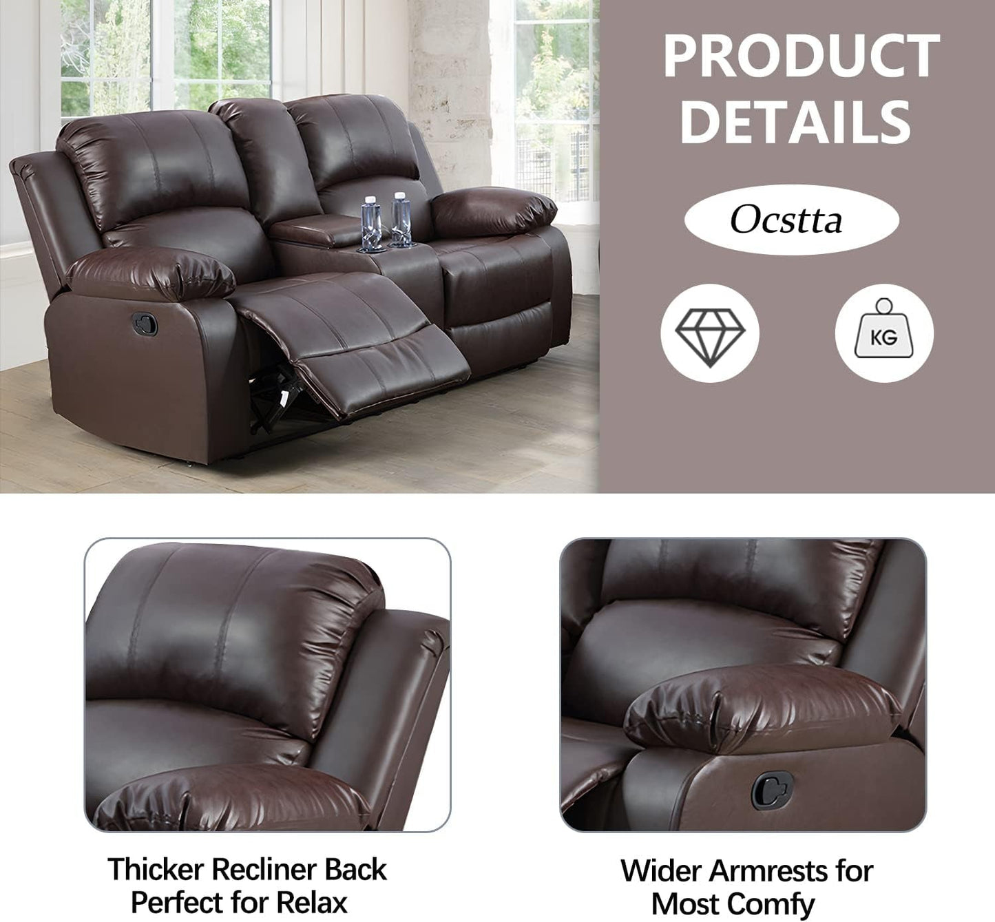 Manual Leather Recliner Sofa Set for Living Room Furniture Set,Leather Recliner Couch Set for Home/Office,Leather Reclining Sofa Set for 3-Pieces(Sofa+Loveseat+Chair) Brown-4