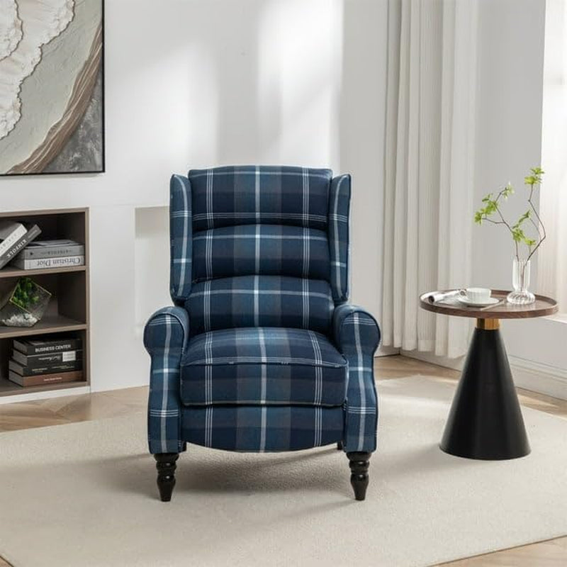 Upholstered Wingback Recliner Chair, Plaid Recliner Chair Armchair Adjustable Footrest Push Back Reclining Sofa, Mid-Century Modern Lounge Armchair for Living Room, Bedroom, Reading - Blue-4