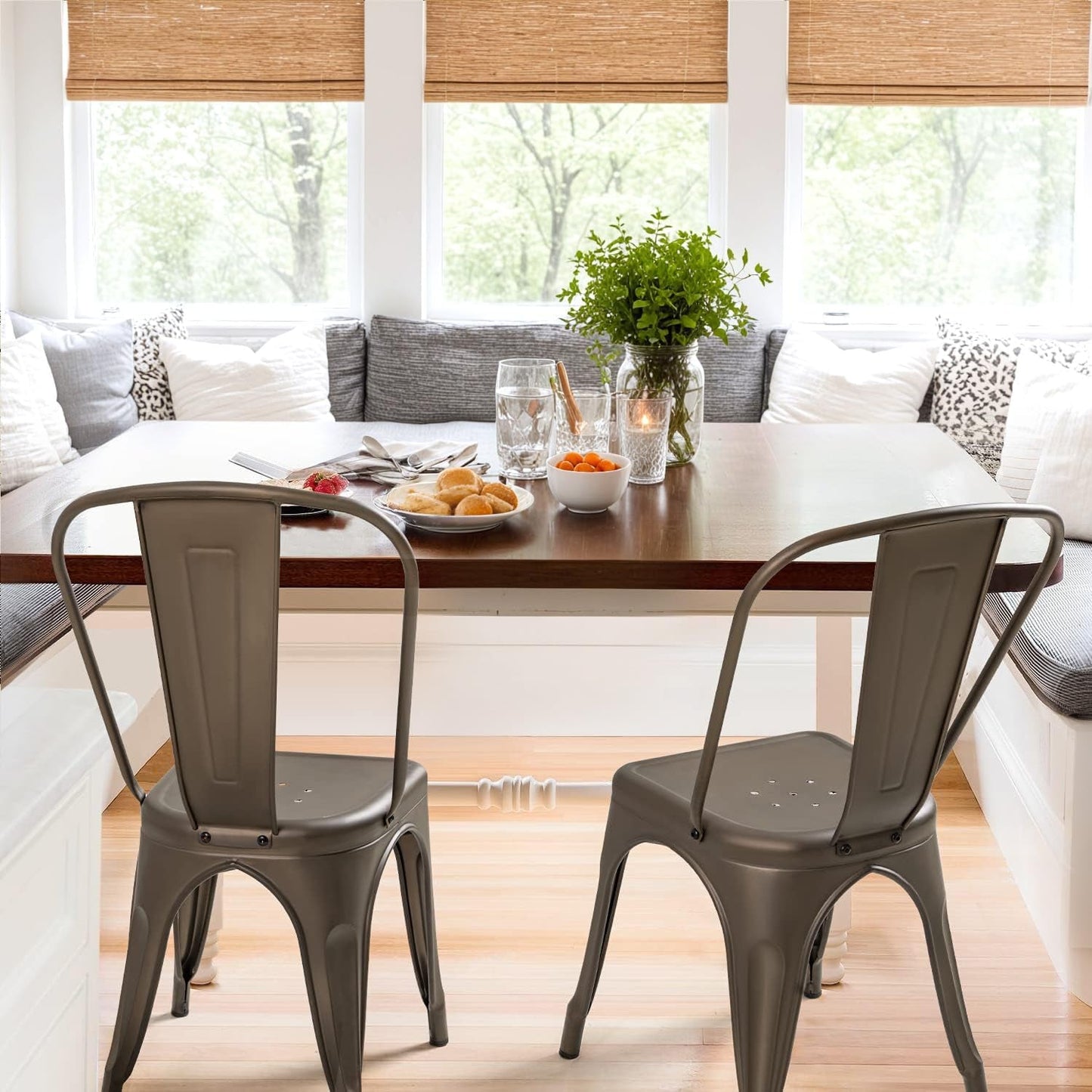 Metal Dining Chair Indoor Outdoor Use Stackable Classic Trattoria Chair Chic Dining Bistro Cafe Side Metal Chairs Set of 4 (Gun)-4