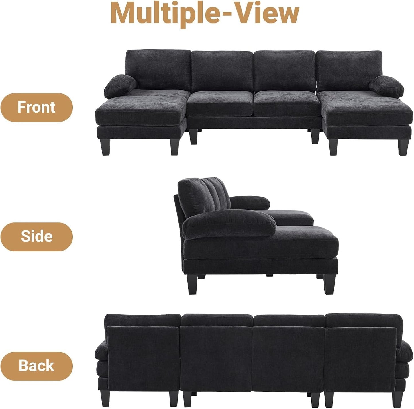 110" Sectional Couches for Living Room,U Shaped Couch with Double Chaise, 4-Seat Sofa Set with Chenille Fabric for Home Furniture,Black-4