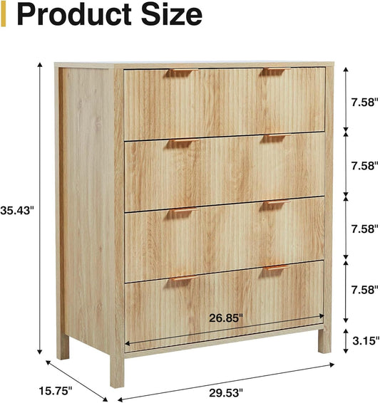 4 Drawer Dressers for Bedroom, Modern Closet Chest of Drawers with Waveform Fluted Panel, Large Wood Storage Dresser Organizer for Nursery Bedroom Living Room Hallway Closet, Natural-1