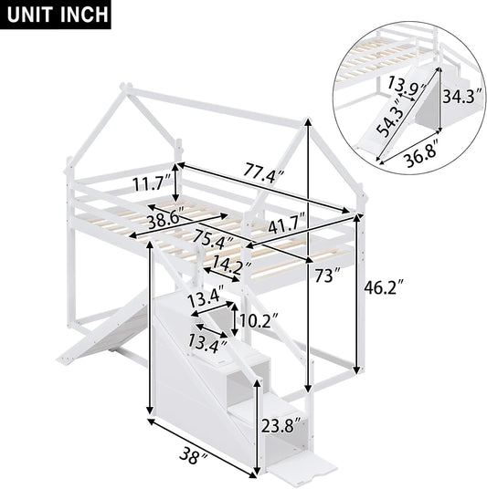 House Shaped Junior Bunk Bed Frame Twin over Twin with Slide and Storage Stairs, Wood Low Bunkbed with Full-Length Guardrails and Roof Design for Teens, Boys, Girls, No Box Spring Needed, White-1
