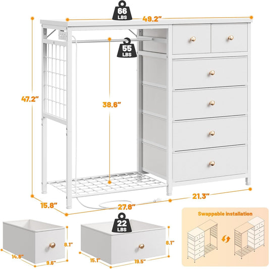 49.2" W White Dresser for Bedroom with Hanging Rack,6 Drawer Dresser with LED Lights & Charging Station, Fabric Dressers & Chest of Drawer with Clothes Rack, Wooden Top, Grid Panel, Closet-1