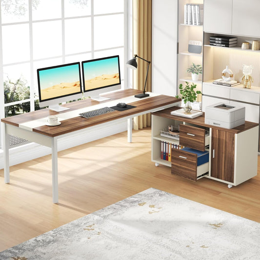 70.8" Large Executive Office Desk and 47" Lateral File Cabinet Combo, L-Shaped Computer Desk 2 Piece Business Furniture with Drawers and Shelves, Home Office Workstation, Walnut & White-1