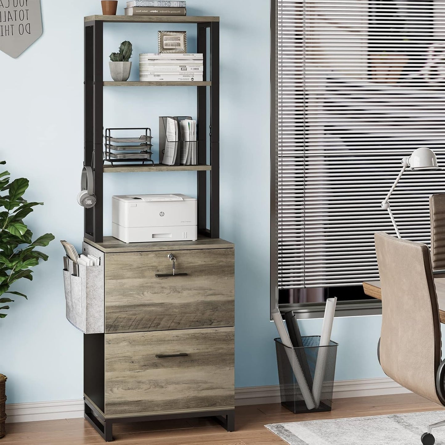 2 Drawer File Cabinet with Lock, Fits Letter, Legal, A4 Size, Hanging File Folders, Home Office with Adjustable Storage Shelf and Hook, Oak Grey-0