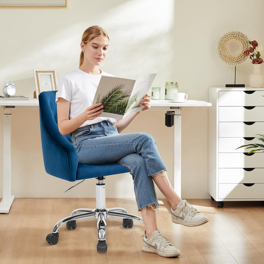 Velvet Office Swivel Chair, Vanity Chair, Fabric Desk Chair, Pretty Fancy Chair, Gold Office Chair for Girls, 360°Swivel Height Adjustable Reception Chair (Navyblue)-1